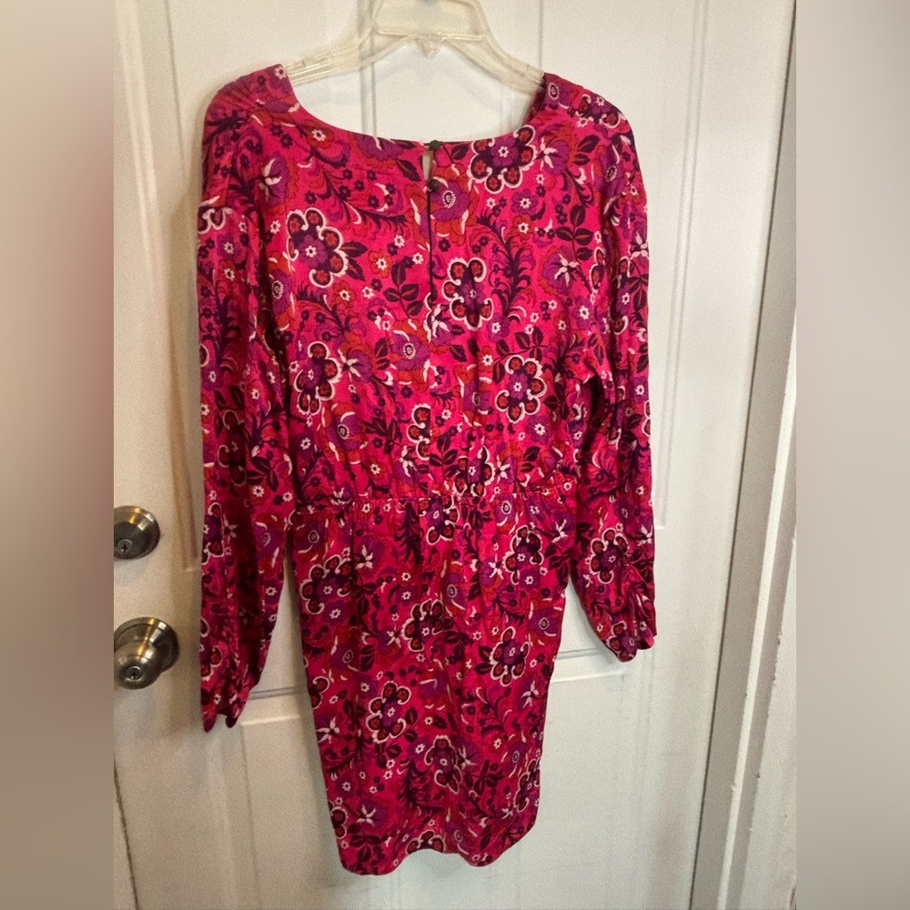 Anthropologie Maeve Vibrant Pink Wrap Mini Floral Long Sleeve Dress NWT Medium P - Picture 7 of 8